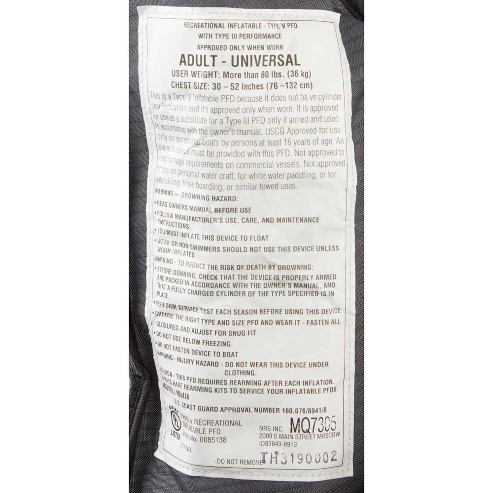 NRS Matik Inflatable Lifejacket (PFD) - Image 8